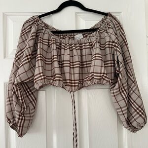 L’Academie Jules Off Shoulder Crop Top in Brown Plaid